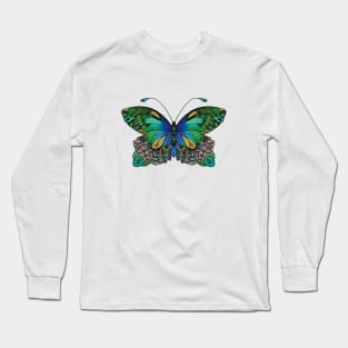 Butterfly in Blue, Green, and Yellow Shades Long Sleeve T-Shirt